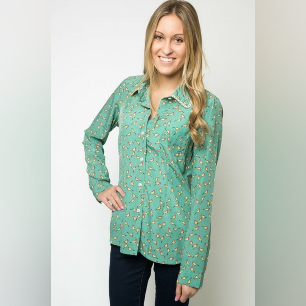 Knitted Dove Early Bird print long sleeved button up top